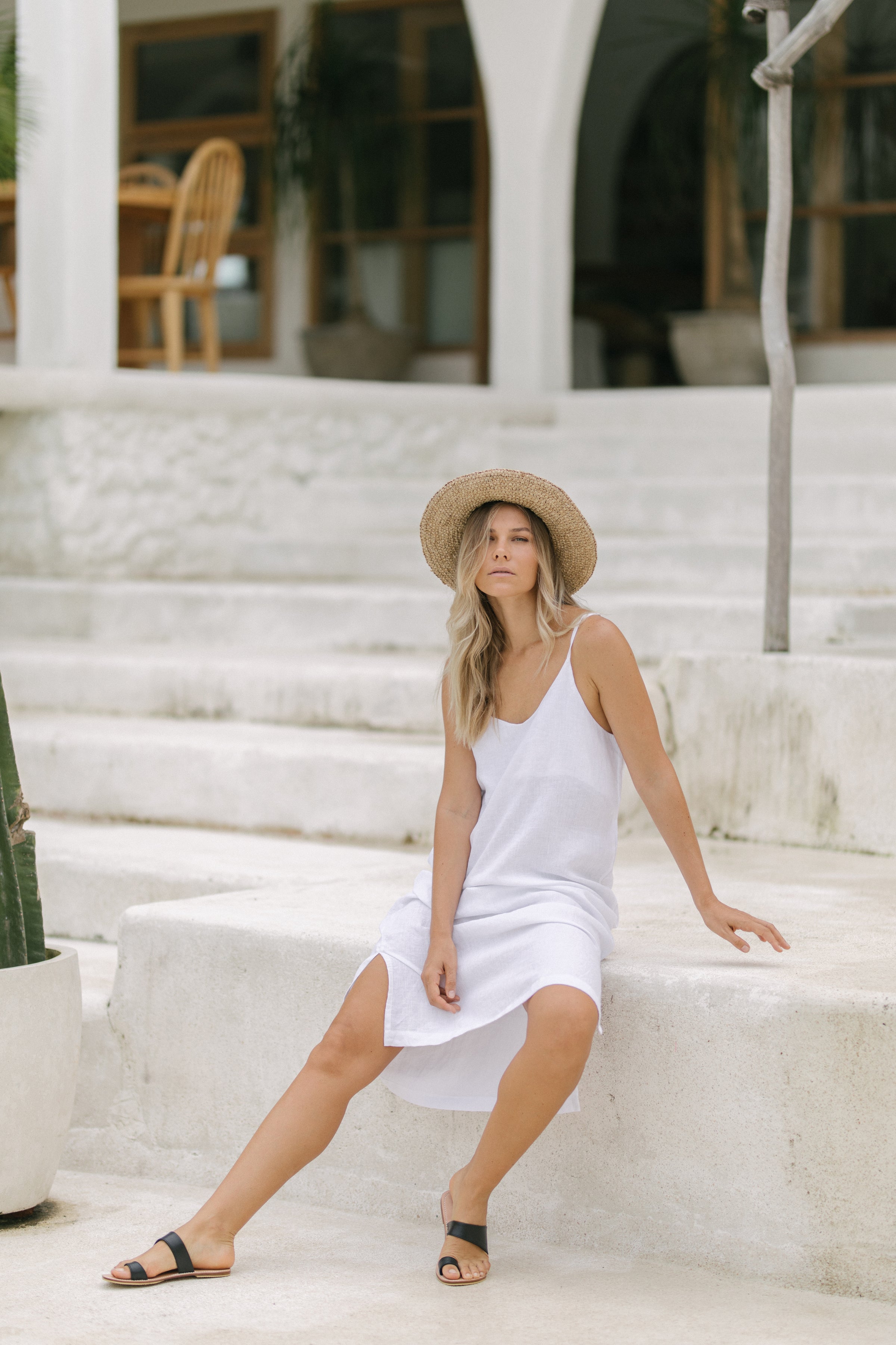 Pure Linen Handmade Positano Long white Dress with Collar – Ariel's Vibes